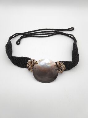 Vintage 1980s Black Macrame Sea Shell Belt and Mother of Pearl Tie Waist - Boho